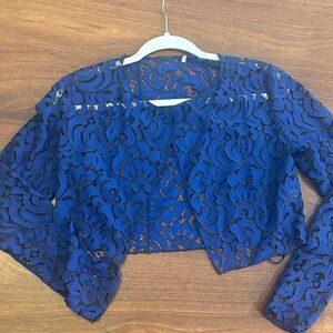 Elie Tahari Blue and Black Lace Detail Bolero